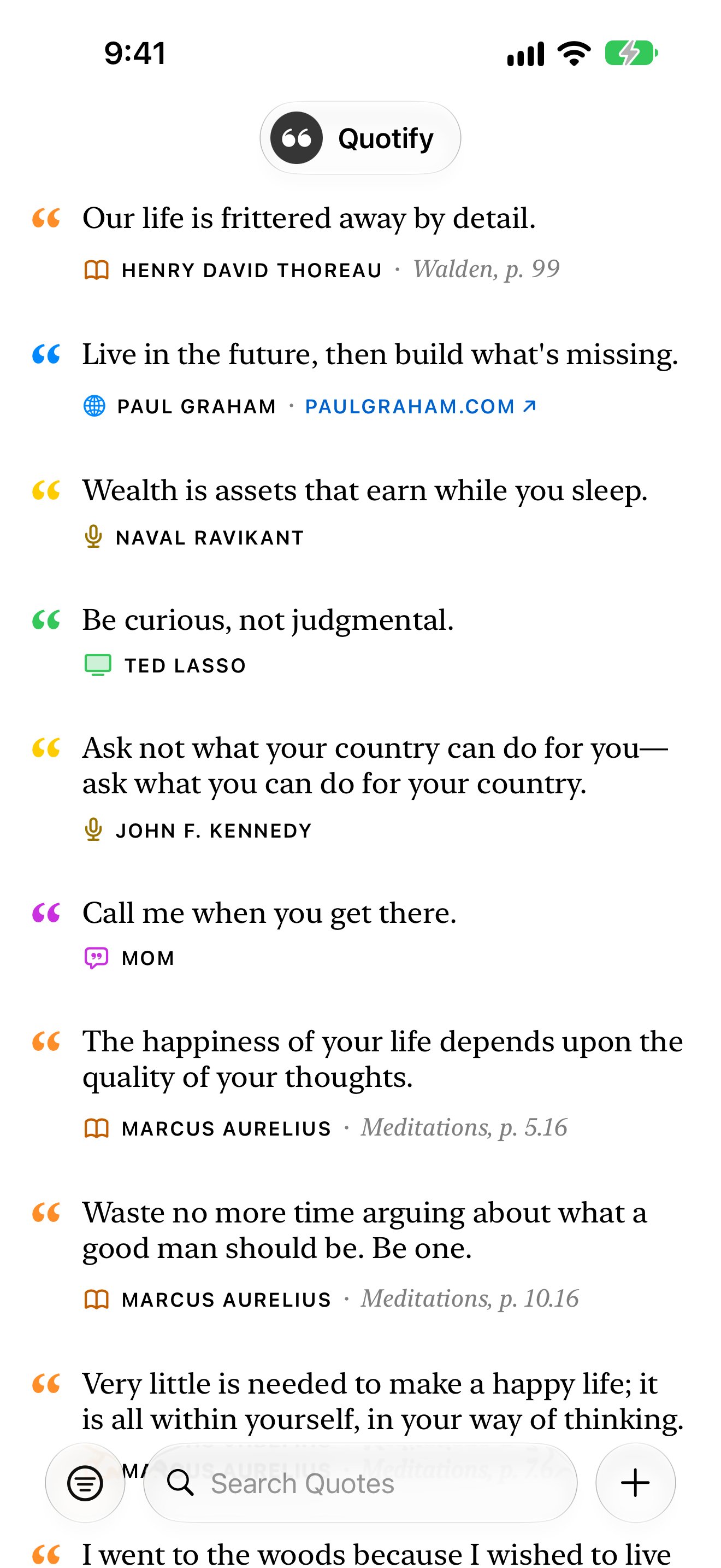 A Quotify library of saved quotes