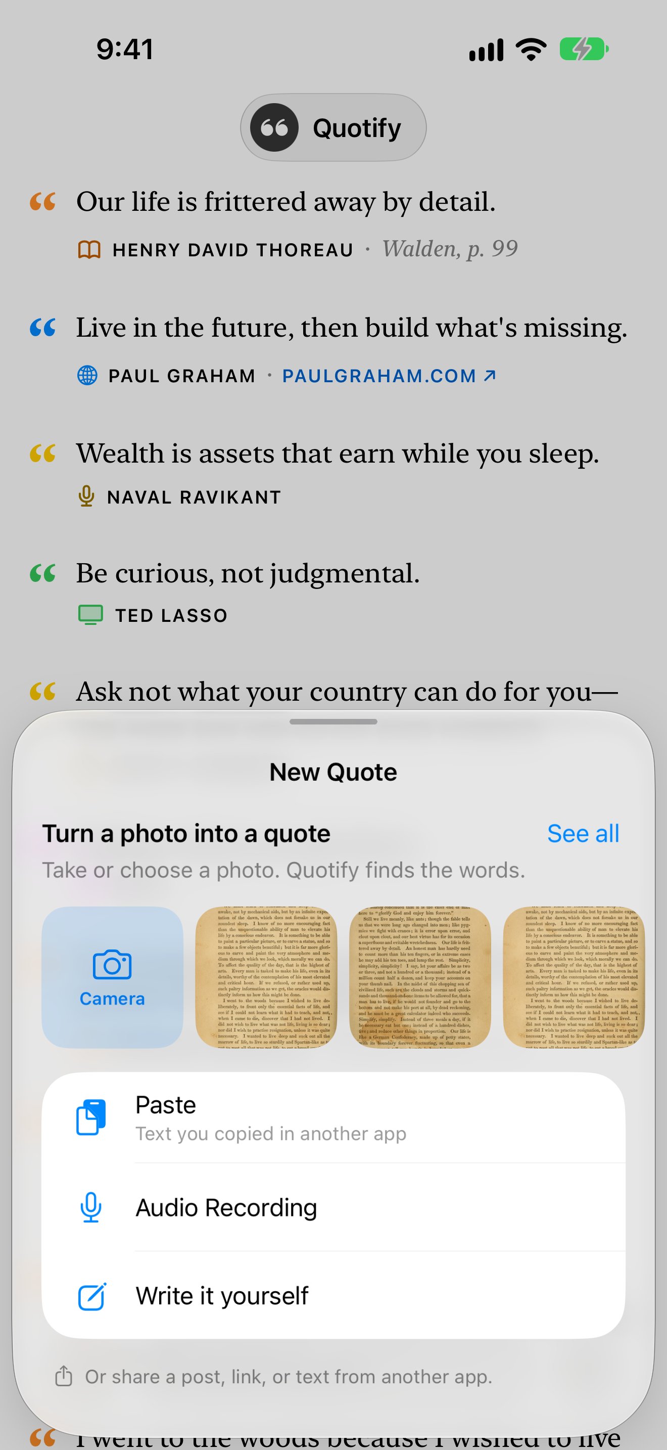 The New Quote sheet: photo, paste, audio recording or write it yourself