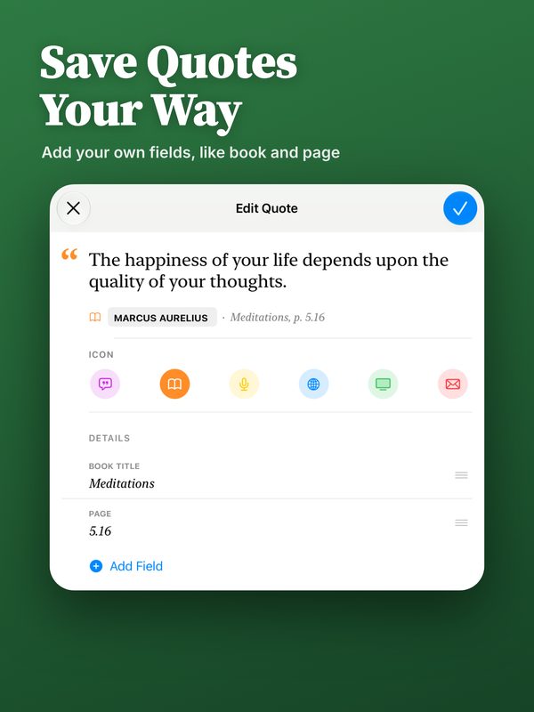 Save Quotes Your Way: Your own fields, like book and page, on iPad